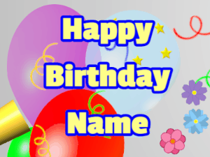 Happy Birthday GIF:Horn, stars, balloon, block, yellow, blue