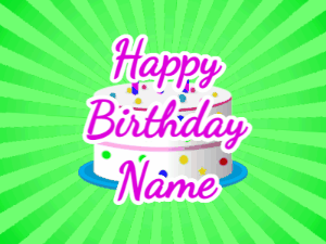 Happy Birthday GIF:green sunburst,candy cake, purple text