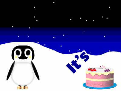Happy Birthday, birthday-20930 @ Editable GIFs,Penguin: cartoon cake,yellow text,% 3 fireworks