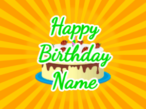 Happy Birthday GIF:yellow sunburst,cream cake, green text