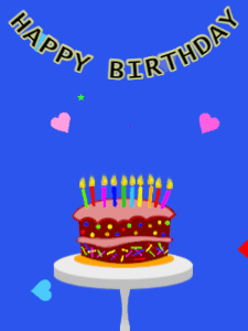 Happy Birthday GIF:Birthday GIF,cartoon cake,blue background,hearts & hearts