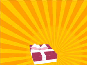 Happy Birthday GIF:burgundy Gift box, yellow sunburst, flowers & block