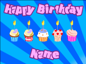 Happy Birthday GIF:Cupcakes for Birthday,blue sunburst background,purple & purple text