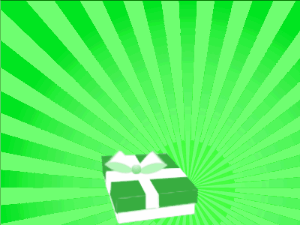 Happy Birthday GIF:green Gift box, green sunburst, flowers & cursive