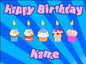 Happy Birthday GIF:Cupcakes for Birthday,blue sunburst background,purple & navy text