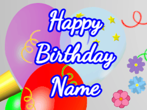 Happy Birthday GIF:Horn, noodles, balloon, cursive, white, blue