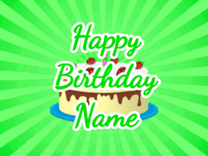 Happy Birthday GIF:green sunburst,cream cake, green text
