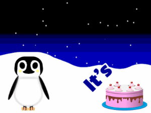 Happy Birthday GIF:Penguin: pink cake,blue text,% 3 fireworks