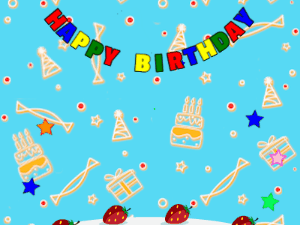 Happy Birthday GIF:cream Cake, flying stars on a blue decor background