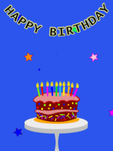 Happy Birthday GIF:Birthday GIF,cartoon cake,blue background,stars & stars