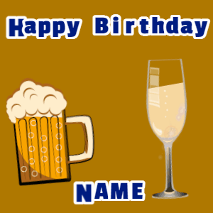 Happy Birthday GIF:Birthday gif, mug & champagne, stars fireworks, block text on orange