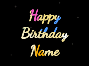 Happy Birthday GIF:heart fireworks,blue box, cursive font, party colors animation