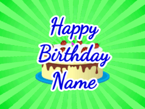 Happy Birthday GIF:green sunburst,cream cake, blue text