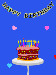 Happy Birthday GIF:Birthday GIF,cartoon cake,blue background,stars & hearts