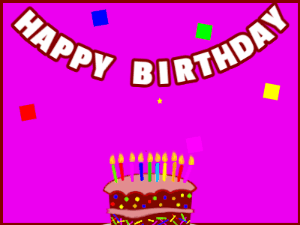 Happy Birthday GIF:A cartoon cake on purple with red border & falling squares