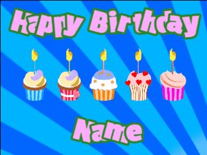 Happy Birthday GIF:Cupcakes for Birthday,blue sunburst background,purple & green text