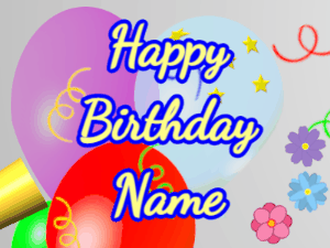 Happy Birthday GIF:Horn, noodles, balloon, cursive, yellow, blue