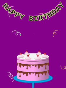 Happy Birthday GIF:Birthday GIF,pink cake,purple background,hearts & confetti