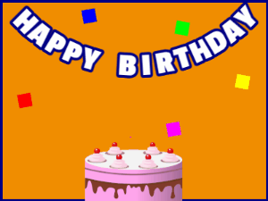 Happy Birthday GIF:A pink cake on orange with blue border & falling hearts