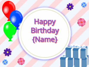 Happy Birthday GIF:mix colors Balloons, blue gift boxes, purple text
