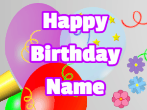 Happy Birthday GIF:Horn, noodles, balloon, block, white, purple