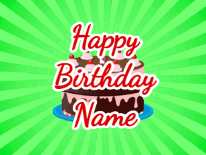 Happy Birthday GIF:green sunburst,chocolate cake, red text