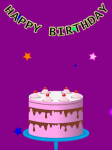 Happy Birthday GIF:Birthday GIF,pink cake,purple background,hearts & stars