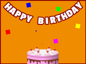 Happy Birthday GIF:A pink cake on orange with red border & falling hearts