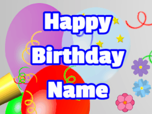Happy Birthday GIF:Horn, noodles, balloon, block, white, blue