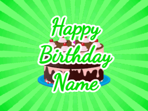 Happy Birthday GIF:green sunburst,chocolate cake, green text