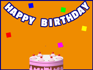 Happy Birthday GIF:A pink cake on orange with blue border & falling stars