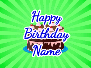 Happy Birthday GIF:green sunburst,chocolate cake, blue text