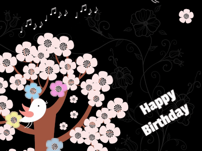 Beautiful flower birthday gif of a cute bird visiting a birthday message with animated musical notes and a name you customize.
