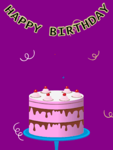 Happy Birthday GIF:Birthday GIF,pink cake,purple background,stars & confetti