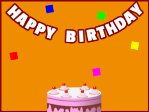 Happy Birthday GIF:A pink cake on orange with red border & falling stars