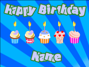 Happy Birthday GIF:Cupcakes for Birthday,blue sunburst background,light blue & green text