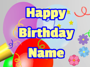 Happy Birthday GIF:Horn, noodles, balloon, block, yellow, blue