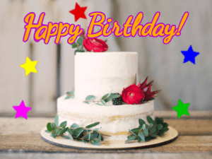 Happy Birthday GIF:White birthday cake with stars