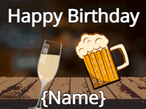Happy Birthday GIF:Birthday cheers with champagne & beer & confetti on bar