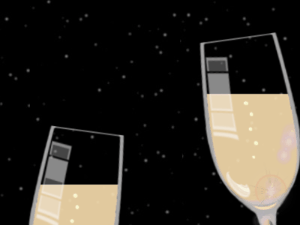 Happy Birthday GIF:Champagne noddle confetti,cursive font,party texture,on white