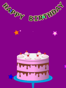 Happy Birthday GIF:Birthday GIF,pink cake,purple background,stars & stars