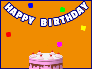 Happy Birthday GIF:A pink cake on orange with blue border & falling squares