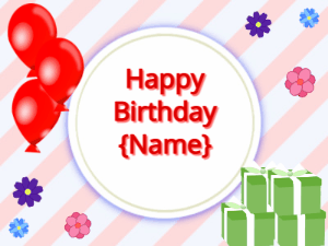 Happy Birthday GIF:red Balloons, green gift boxes, red text