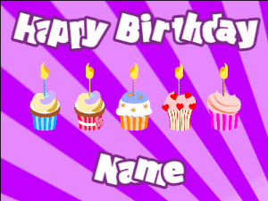 Happy Birthday GIF:Cupcakes for Birthday,purple sunburst background,white & purple text