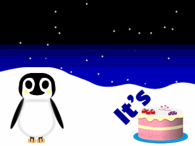 Happy Birthday, birthday-22730 @ Editable GIFs,Penguin: cartoon cake,yellow text,% 3 fireworks