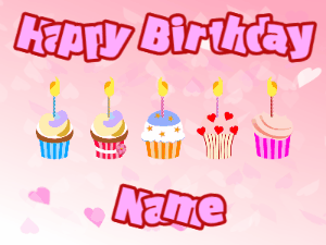 Happy Birthday GIF:Cupcakes for Birthday,pink hearts background,purple & red text