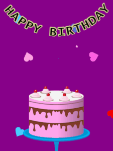 Happy Birthday GIF:Birthday GIF,pink cake,purple background,stars & hearts