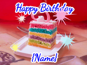 Happy Birthday GIF:Color layered birthday cake with sparklers