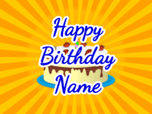 Happy Birthday GIF:yellow sunburst,cream cake, blue text