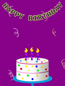 Happy Birthday GIF:Birthday GIF,candy cake,purple background,hearts & confetti